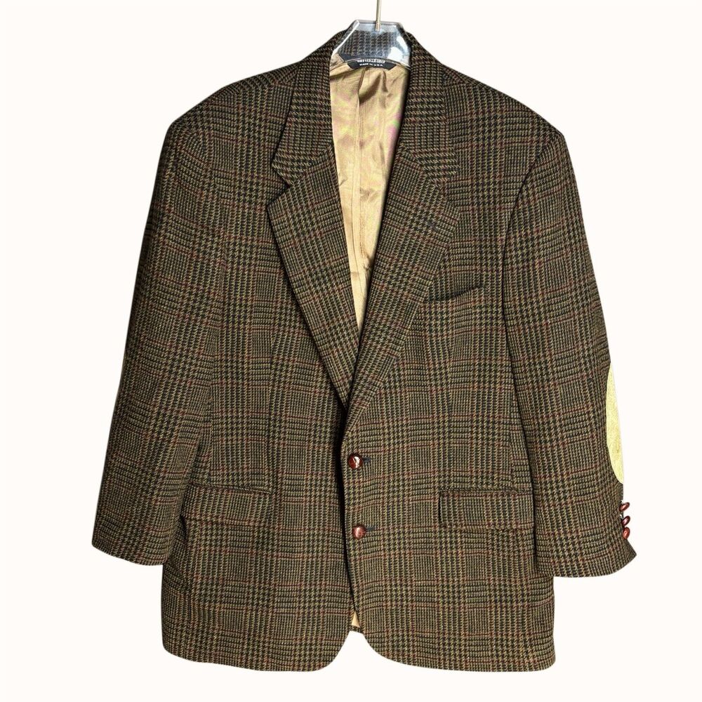 Vintage Orvis Blazer Size 46 Tweed Houndstooth Brown Elbow Patch Leather Buttons